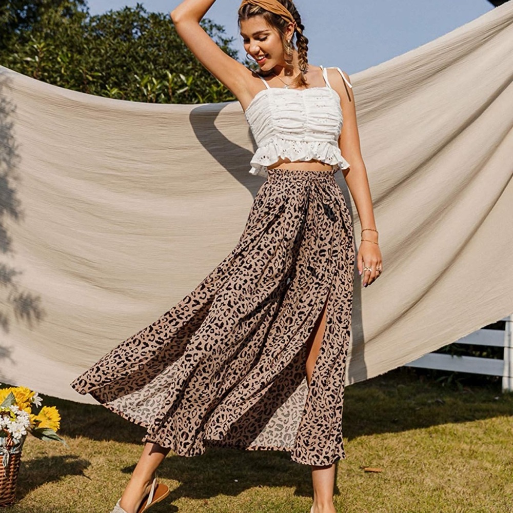 Animal print tie front wide leg pants